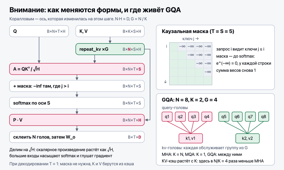 Внимание: формы тензоров и группы GQA