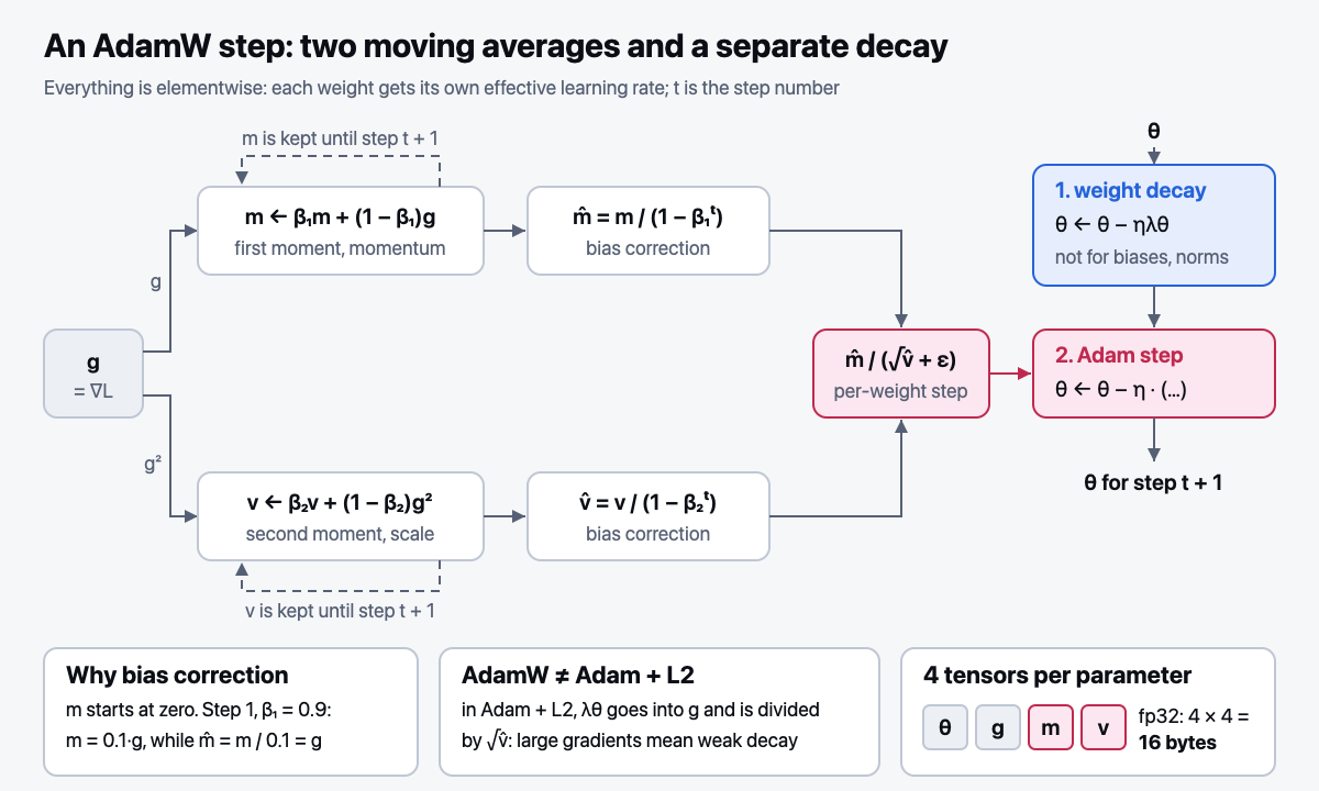 An AdamW step: two moving averages and separate weight decay