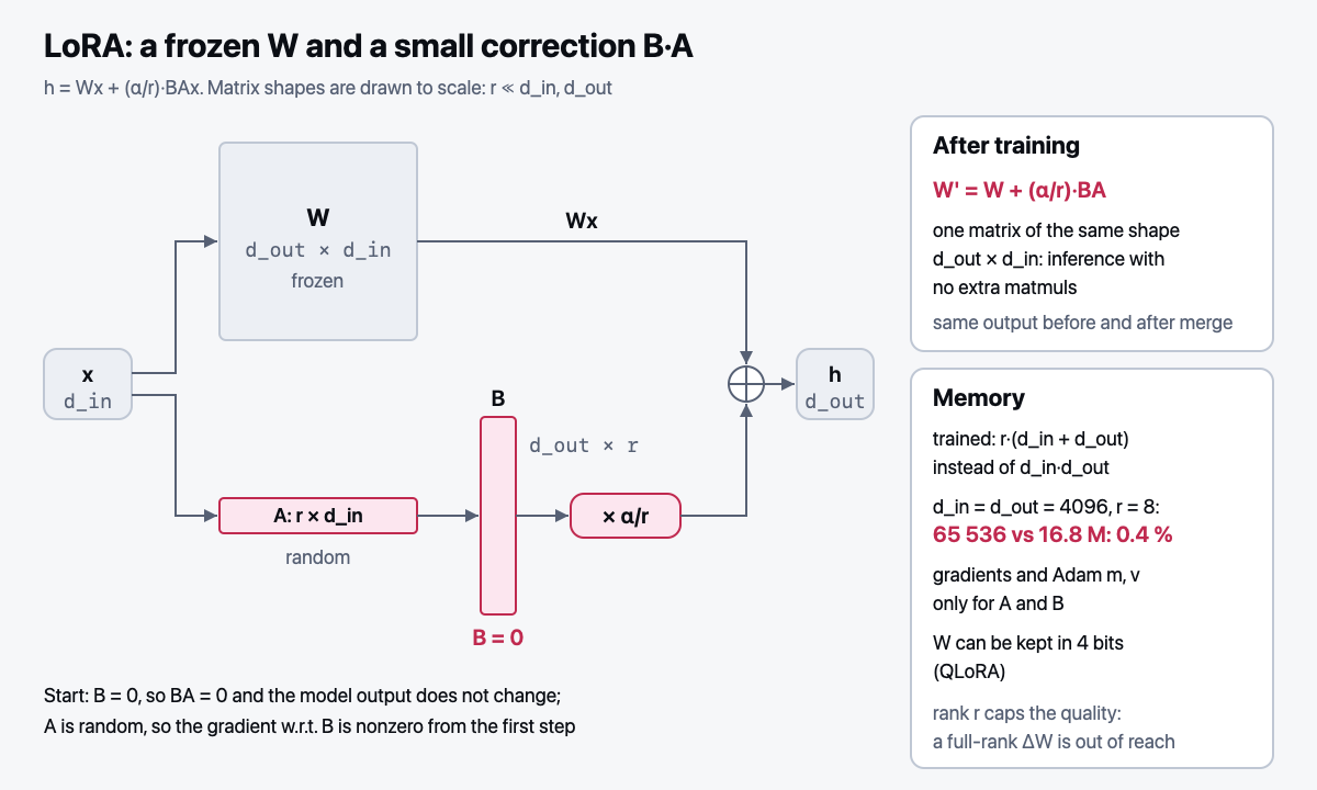 LoRA: frozen W and the correction B·A